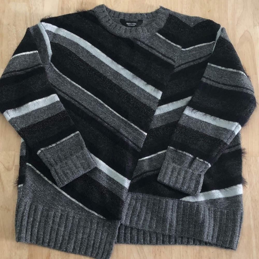 Simply Vera Vera Wang Black and Gray Striped Crewneck Sweater